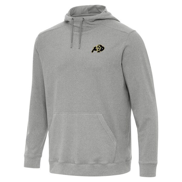 A heather gray Antigua men's pullover hoodie with adjustable hood, kangaroo pocket, and C.U buffalo logo.